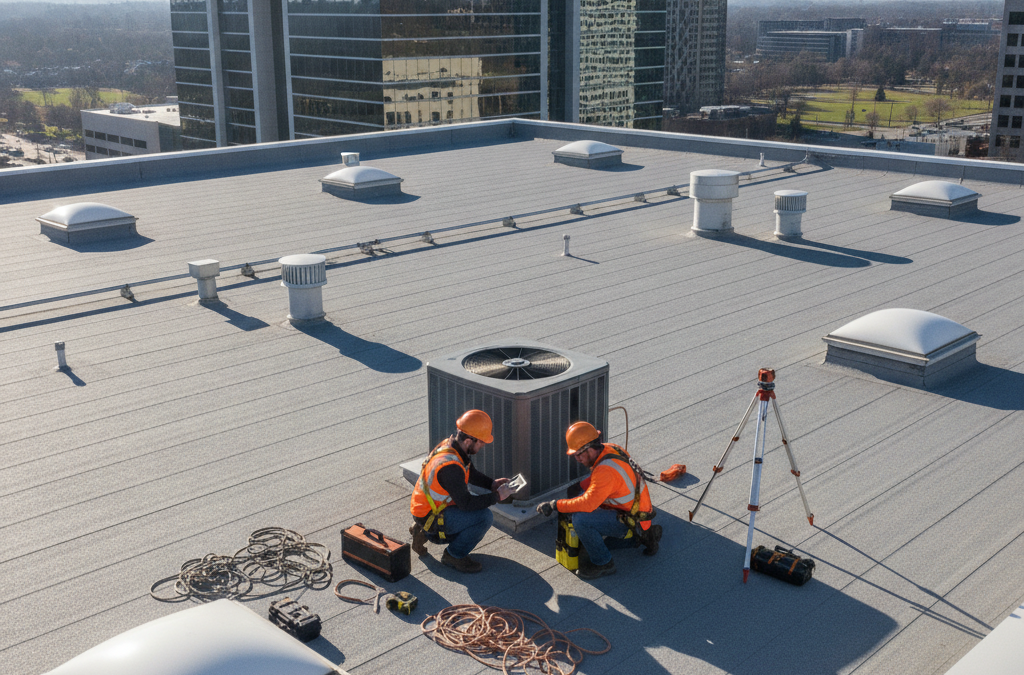 Professional roofers inspecting flat commercial building roof with urban Denver skyline