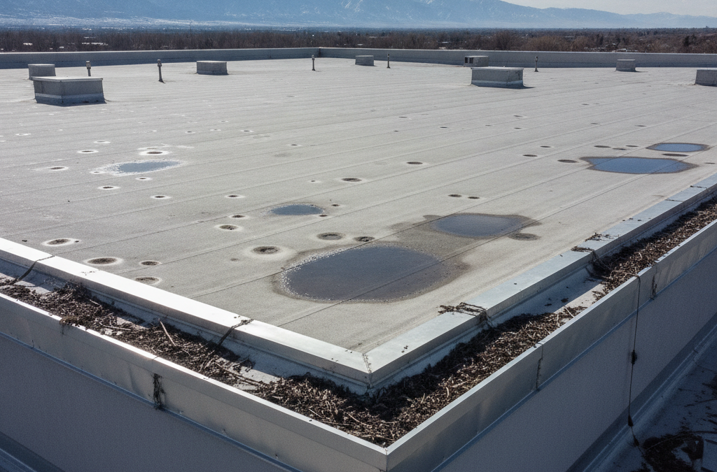 Damaged commercial roof with hail impact marks and dented metal flashing after storm